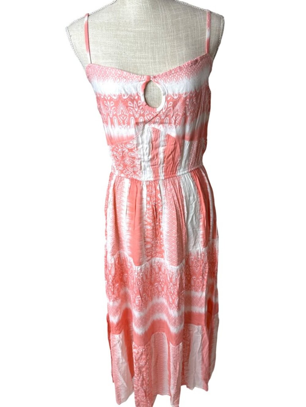 Myra Bag Sleeveless Sundress Tie-Dye Pink/White Boho Style W/Keyhole Size L